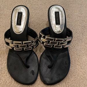 White House Black Market black sandals with silver buckle detail. Size 7